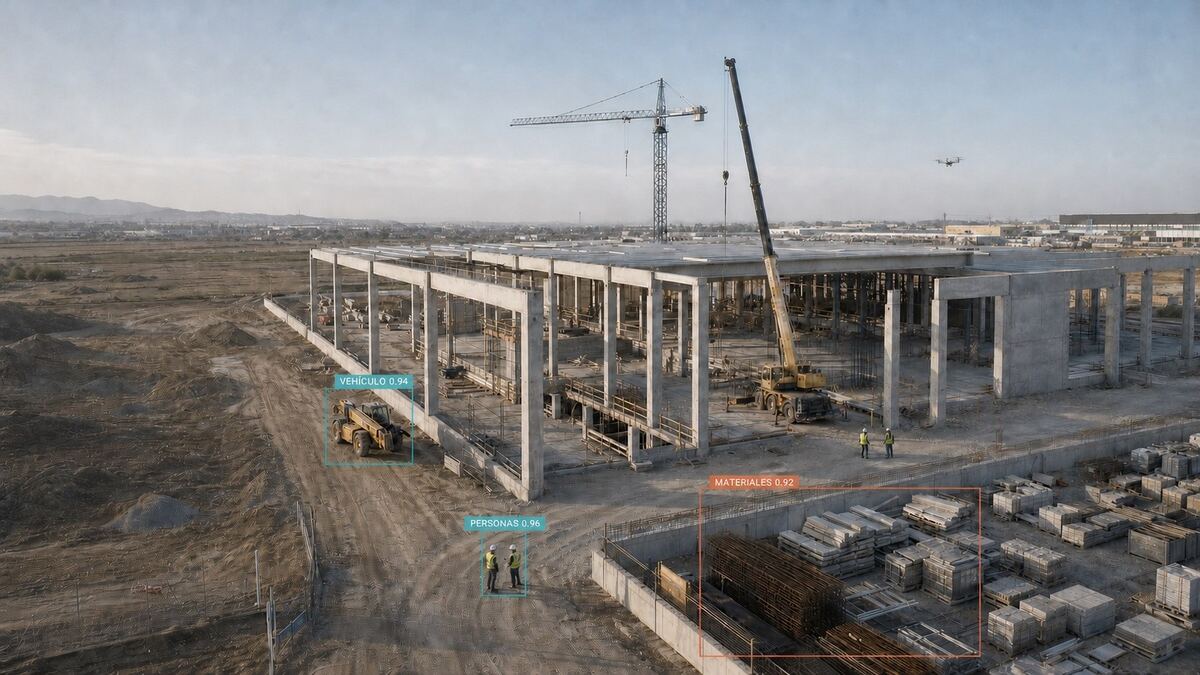 Obra industrial monitorizada con detecciones de personas, vehículos y materiales