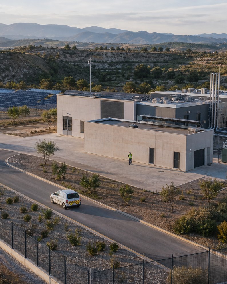 Instalación técnica con perímetro vallado, camino de servicio, un operario junto al edificio y un vehículo de servicio en la vía de acceso